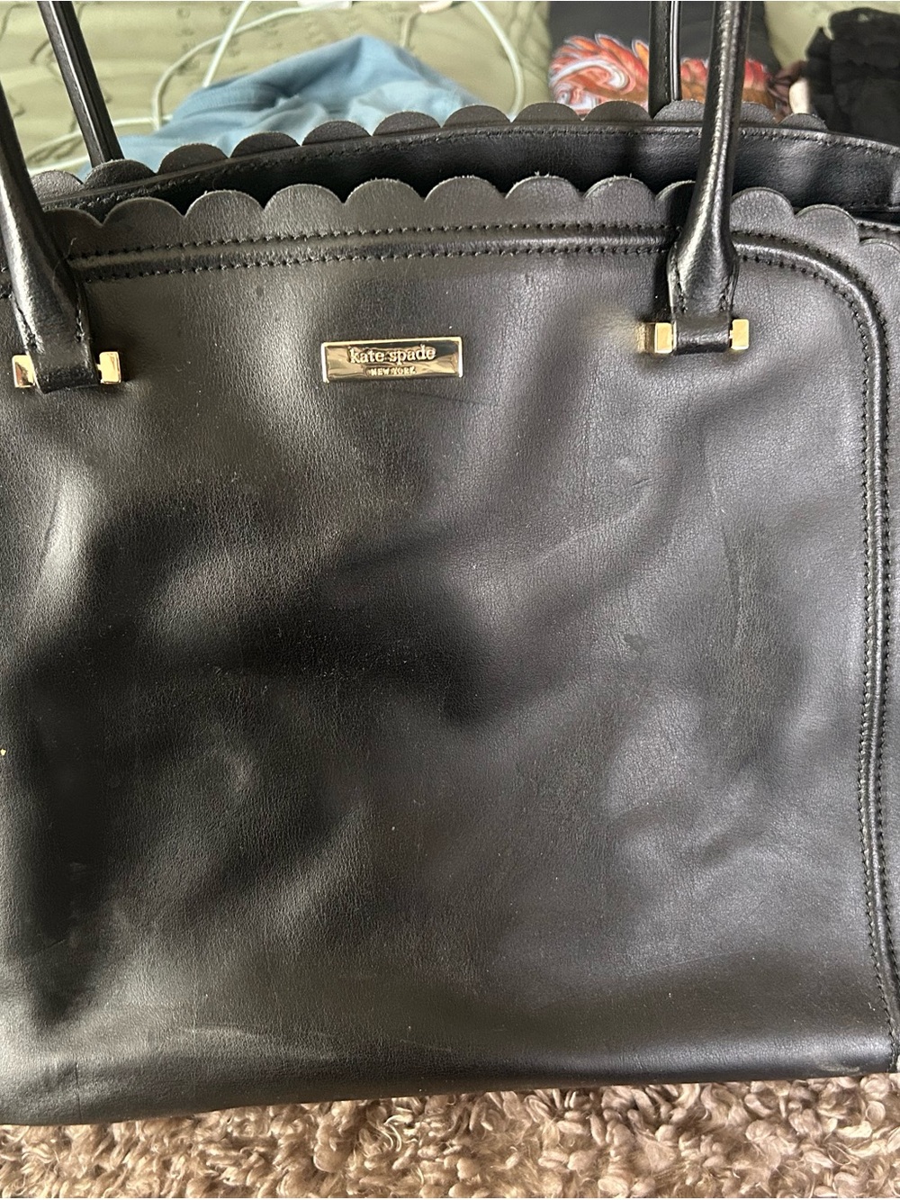 kate spade Black Scalloped-Trim Leather Tote with Gold Hardware